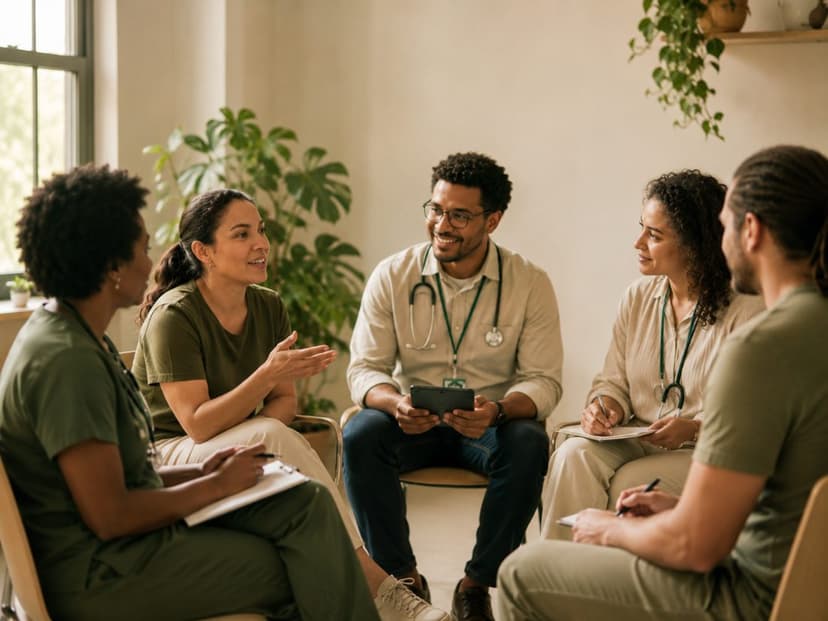 Equipe multidisciplinar em roda de discussão