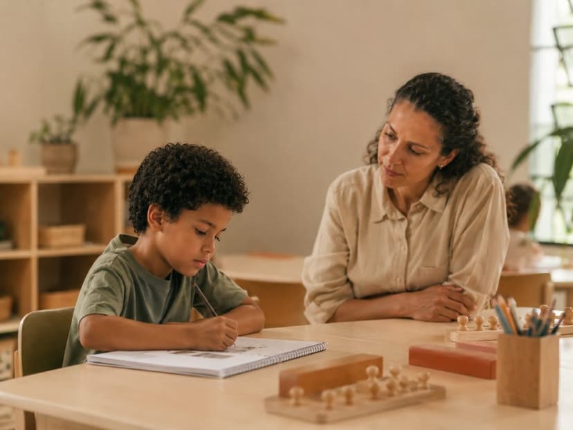 Educadora acompanhando criança em atividade